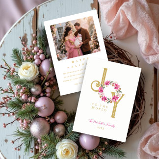 Exquisite Hot Pink Tones & Gold Christmas Wreath Holiday Card