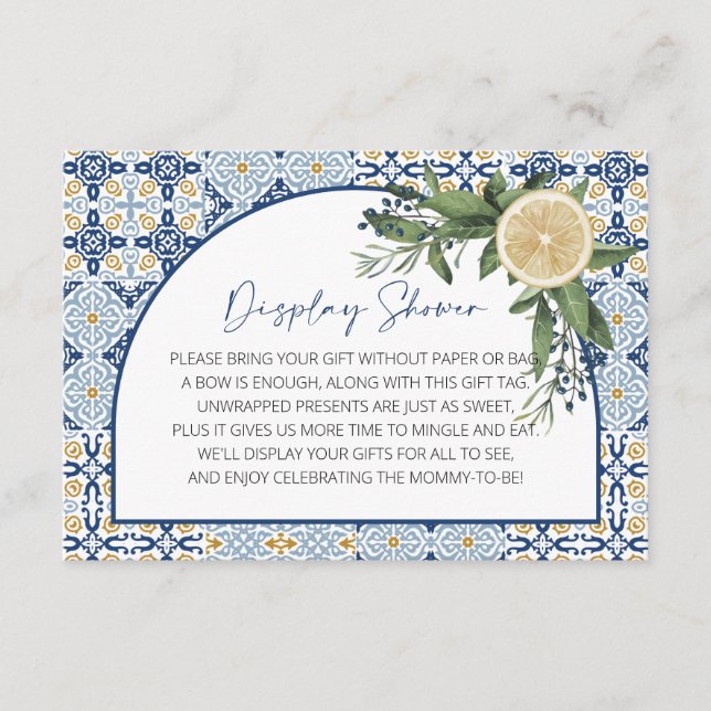 Exquisite Italian Blue Tile and Lemons Baby Shower Enclosure Card (Front)