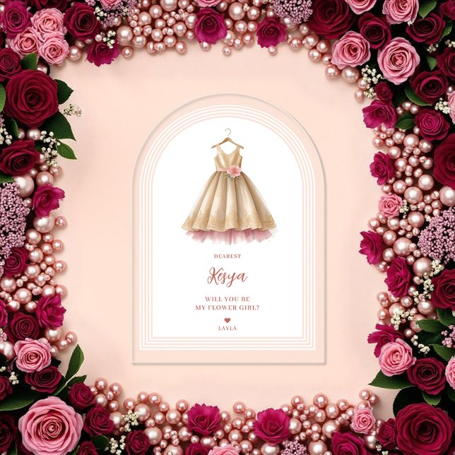 Exquisite Lovely Flower Girl Dress in Pink & Gold  Acrylic Invitations (Exquisite Lovely Flower Girl Dress in Pink & Faux Gold Proposal Acrylic Cards with Corner Arch Style)