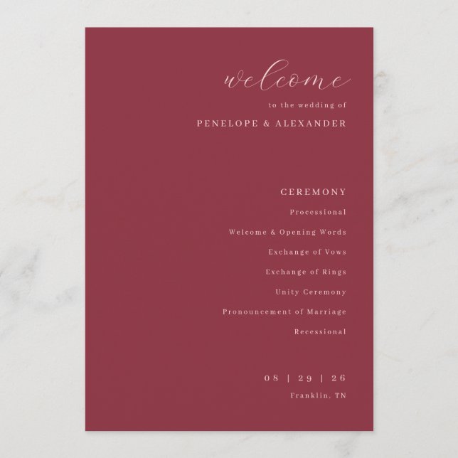 Exquisite Maroon Calligraphy Wedding Ceremony Programme (Front)