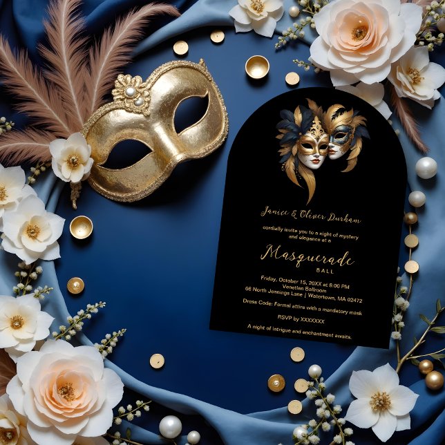 Exquisite Masquerade Masks Gold Effect Accents  Invitation (Exquisite Masquerade Masks with Gold Effect Accents Masquerade Ball Invitation Cards.)