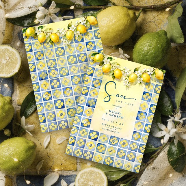 Exquisite Mediterranean Tiles Floral & Lemons  Save The Date (Exquisite Mediterranean Tiles and Floral & Lemons Garland Wedding Save the date Cards.)
