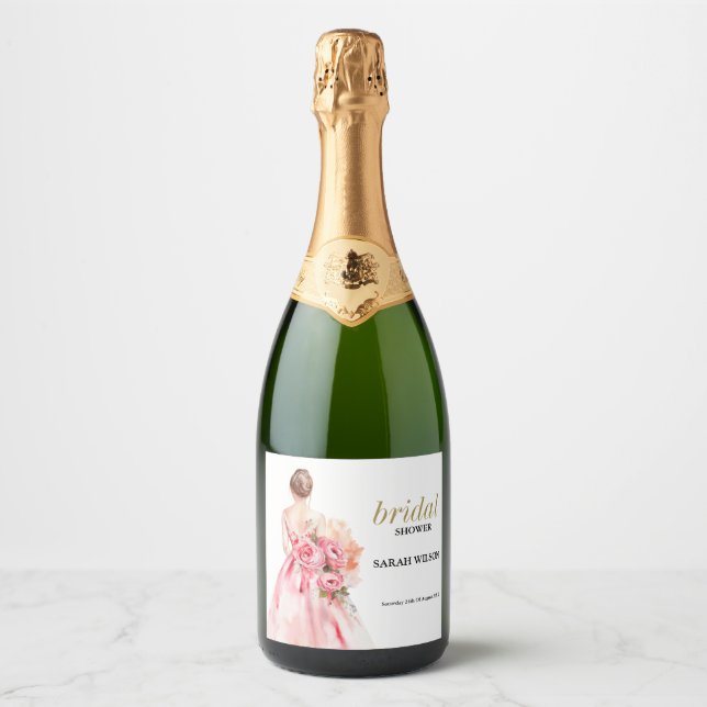 Exquisite Minimal Watercolor Wedding Bridal Shower Sparkling Wine Label (Front)