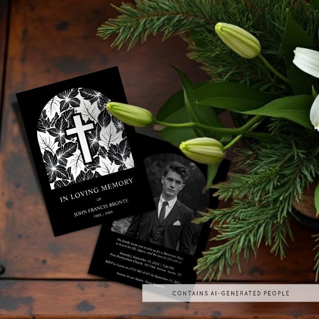 Exquisite Minimalist Black White Botanical Funeral (Minimalist funeral invitation cards with a black background, elegant climbing botanical arch.)