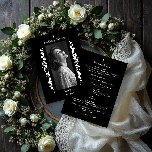 Exquisite Minimalist Floral Black & White Floral Programme (Exquisite Minimalist Floral Black & White Floral Garlands Funeral Programs.)