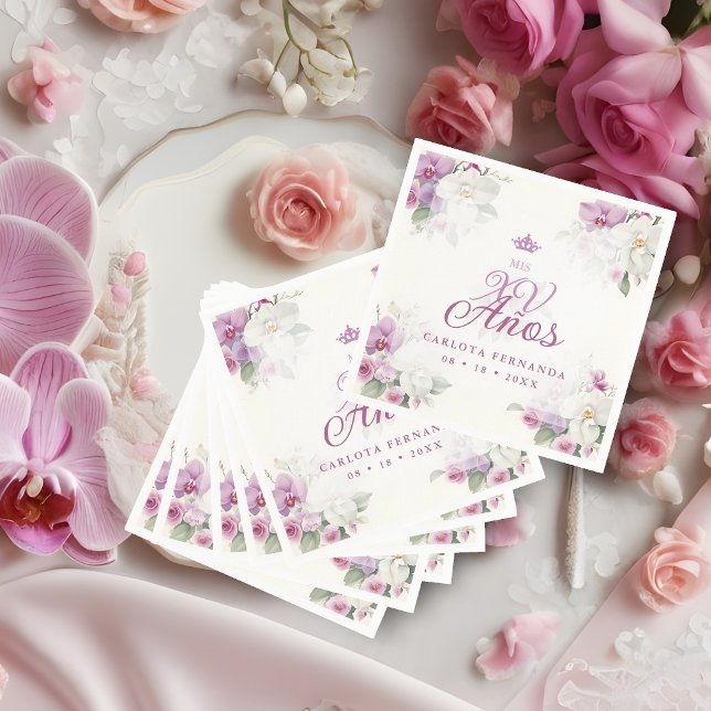 Exquisite Mis XV Años Spanish Floral Orchid Posies Napkin (Romantic Exquisite Mis XV Años Spanish Floral Orchids Bouquets in Pink shades Napkins. )