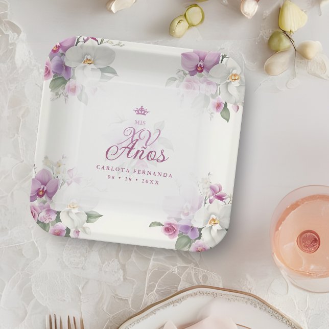 Exquisite Mis XV Años Spanish Floral Orchid Posies Paper Plate (Romantic Exquisite Mis XV Años Spanish Floral Orchids Bouquets in Pink shades Paper Plates. )