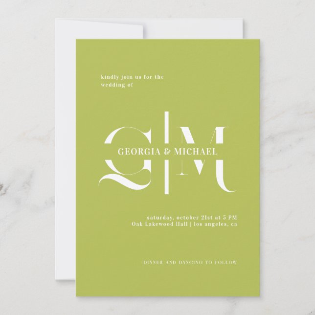Exquisite Monogram Minimalist Chartreuse Wedding Invitation (Front)