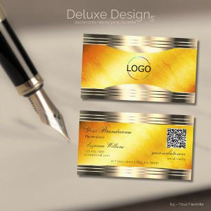 Exquisite Orange Marble Gold Borders Logo QR Code Business Card