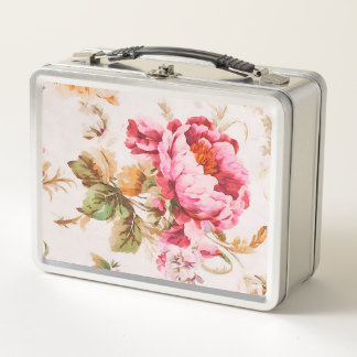 Exquisite Pink and Orange Flowers. Shabby Chic Metal Lunch Box
