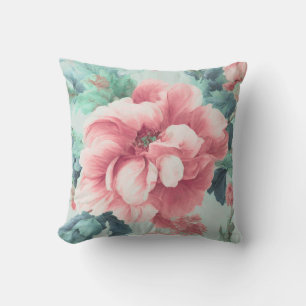 Exquisite Pink Claret Flowers, Green Blue Leaves Cushion