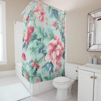 Exquisite Pink Claret Flowers, Green Blue Leaves Shower Curtain