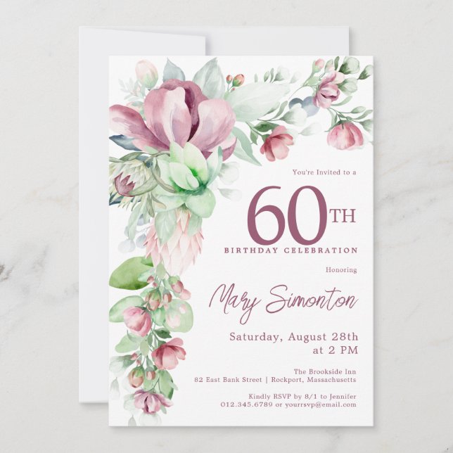 Exquisite Pink Mauve Floral 60th Birthday Invitation (Front)