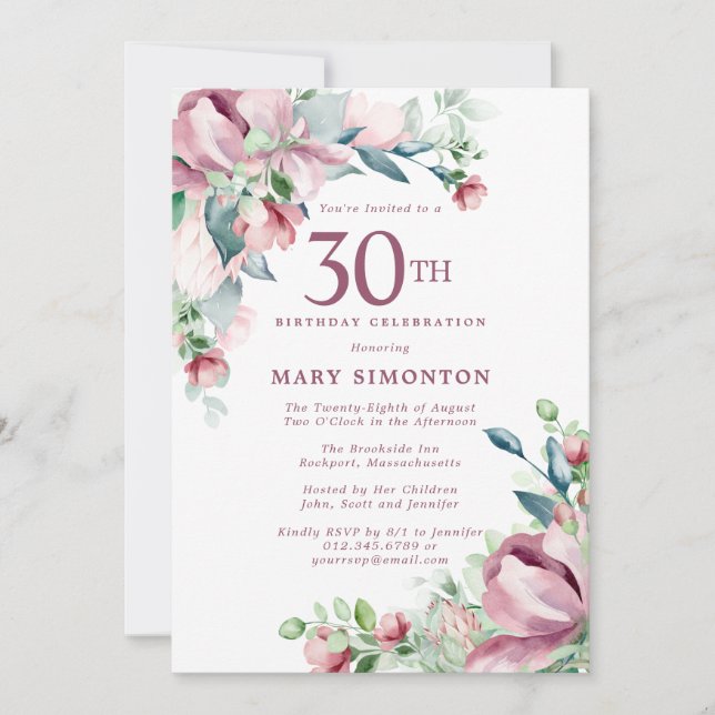 Exquisite Pink Rose Floral 30th Birthday Invitation (Front)