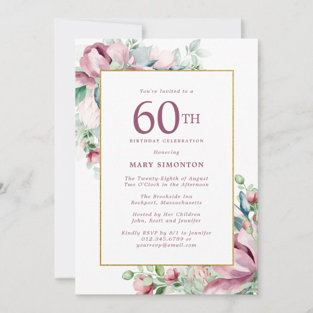 Exquisite Pink Rose Floral 60th Birthday Invitation (Front)