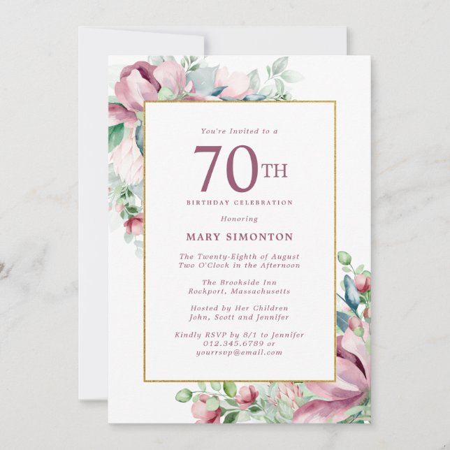 Exquisite Pink Rose Floral 70th Birthday Invitation (Front)