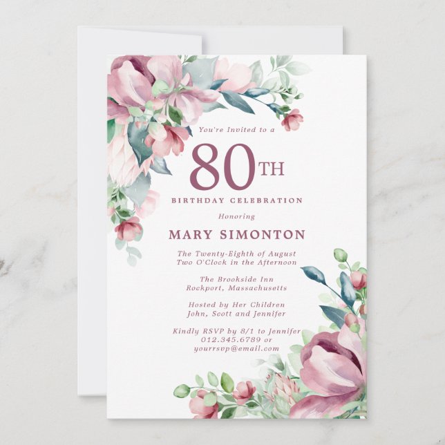 Exquisite Pink Rose Floral 80th Birthday Invitation (Front)