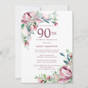 Exquisite Pink Rose Floral 90th Birthday Invitation