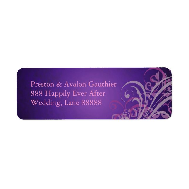 Exquisite Pink Scroll Purple Wedding Address Label (Front)