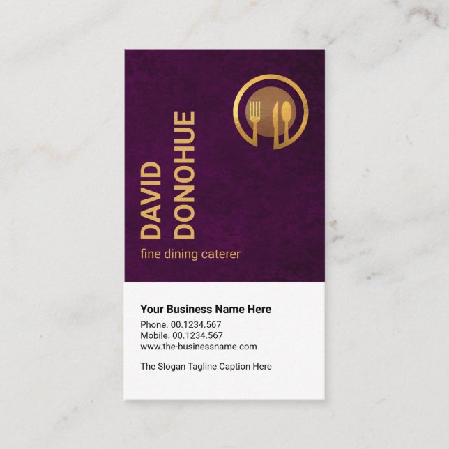 Exquisite Purple Grunge Gold Cutlery Catering Business Card (Front)