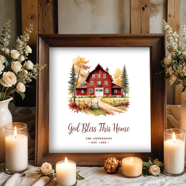Exquisite Red Rustic Barn Classic Farmhouse Style Poster (Exquisite Red Rustic Barn Classic Farmhouse Style Square Posters with Personalized Family Name.)