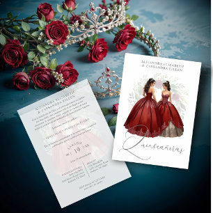 Exquisite Romantic Spanish Quinceañera Dolls Twins Invitation