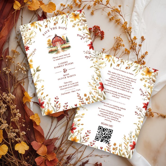 Exquisite Rustic Barn Farmhouse Fall Floral Frame Save The Date (Exquisite Rustic Barn Classic Farmhouse Style with Delicate Narrow Botanical Fall Wildflowers Frame.)