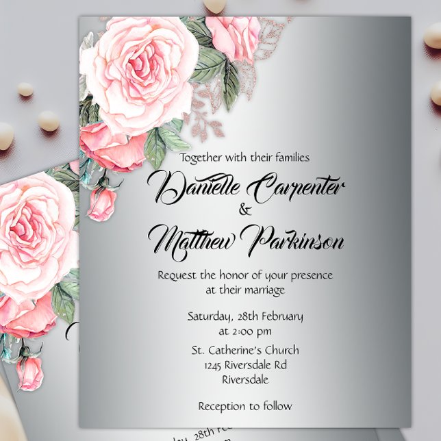 Exquisite Silver Budget Floral Wedding Invitation Flyer (Creator Uploaded)