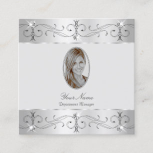 Exquisite Silver Grey Ornate Ornaments Add Photo Square Business Card