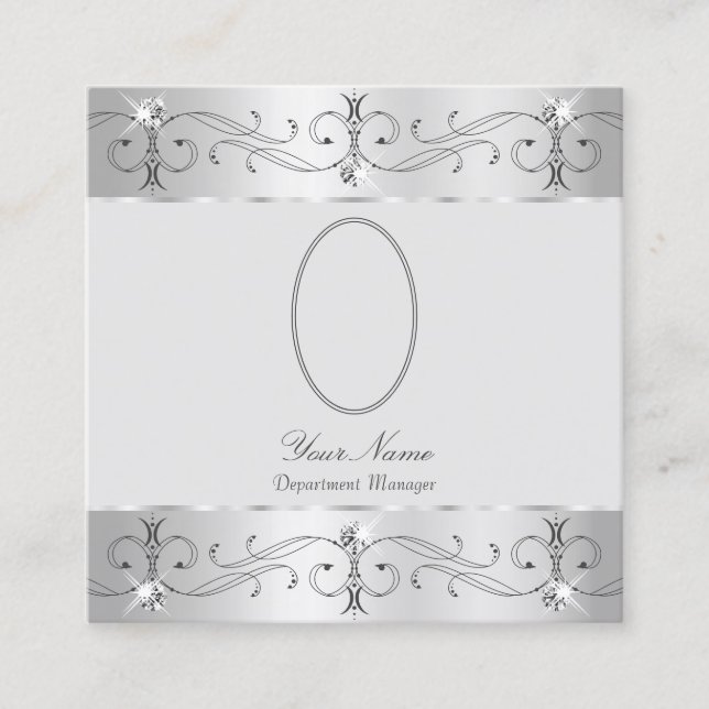 Exquisite Silver Grey Ornate Ornaments Add Photo Square Business Card (Front)