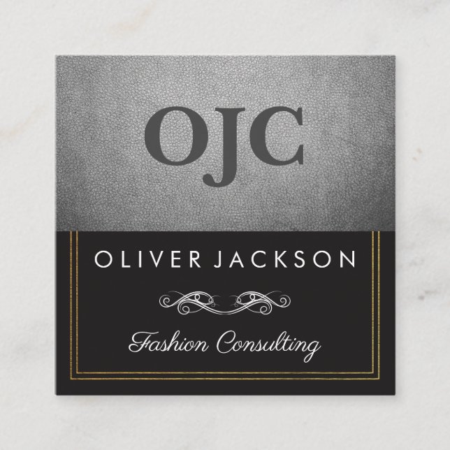 Exquisite Silver Leather with Double Line Work Square Business Card (Front)