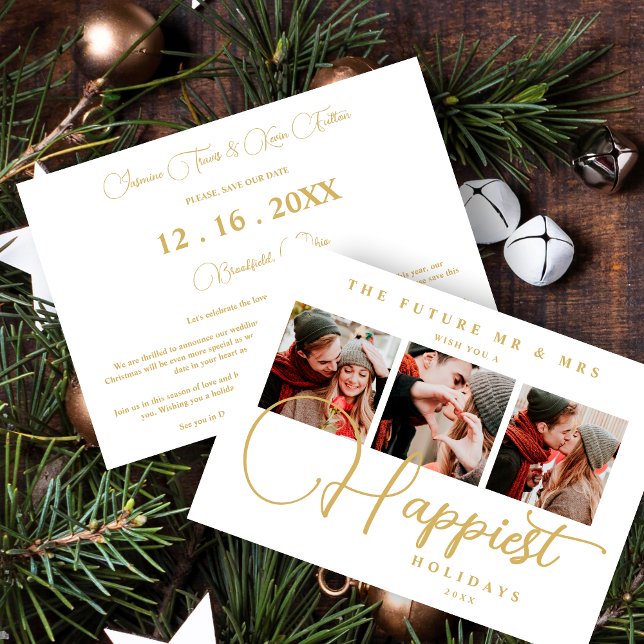Exquisite Sophisticated Wedding Christmas 3 Photos Save The Date (Exquisite Sophisticated Wedding Christmas 3 Photos in Fake Gold Holiday Card as a Save the Date Card)