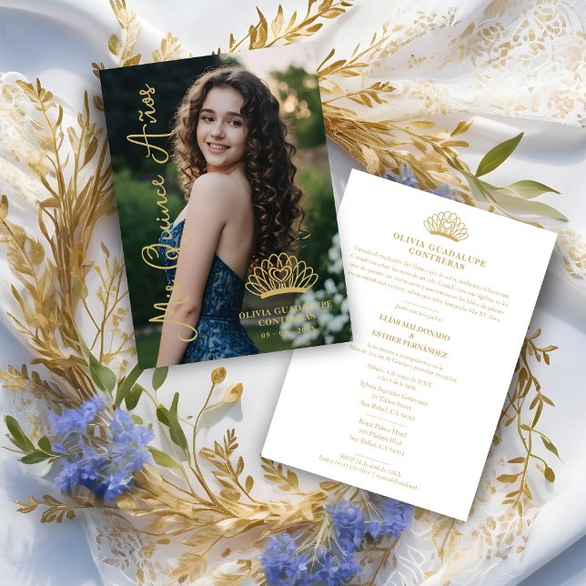 Exquisite Spanish Princess Crown Quinceañera Photo Invitation (Exquisite Spanish Princess Crown Quinceañera Photo Fancy Calligraphy Script Faux Gold Invitation.)