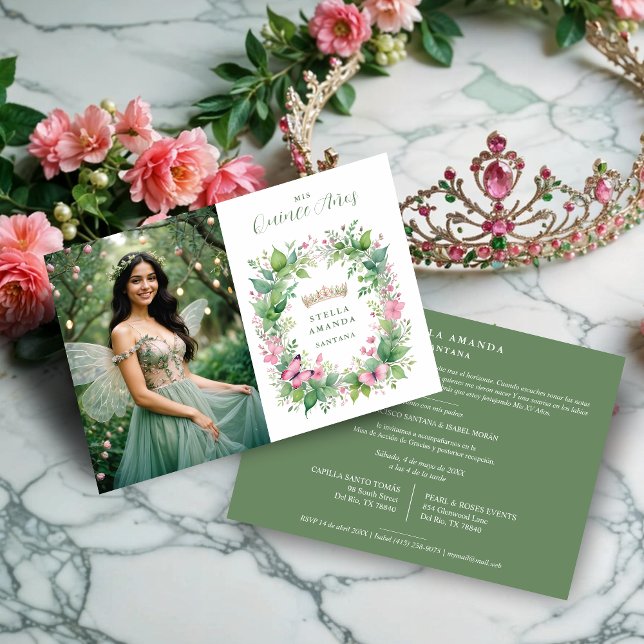 Exquisite Spring Tiara Green & Pink Floral Spanish Invitation (Exquisite Spring Tiara Green & Pink Floral Spanish Quinceañera Photo Invitations Cards. )
