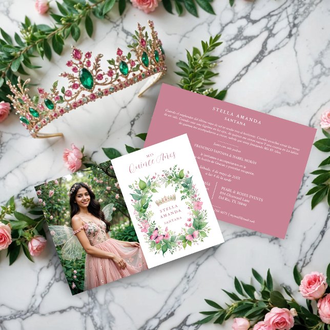 Exquisite Spring Tiara Pink & Green Floral Spanish Invitation (Exquisite Spring Tiara Pink & Green Floral Spanish Quinceañera Photo Invitations Cards.)