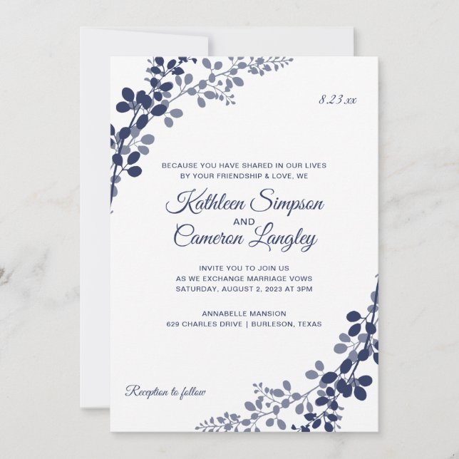 Exquisite Vines Wedding Invitation | Navy Blue (Front)