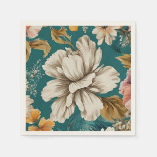 Exquisite White Flower and Gentle Blooms on Teal Napkin