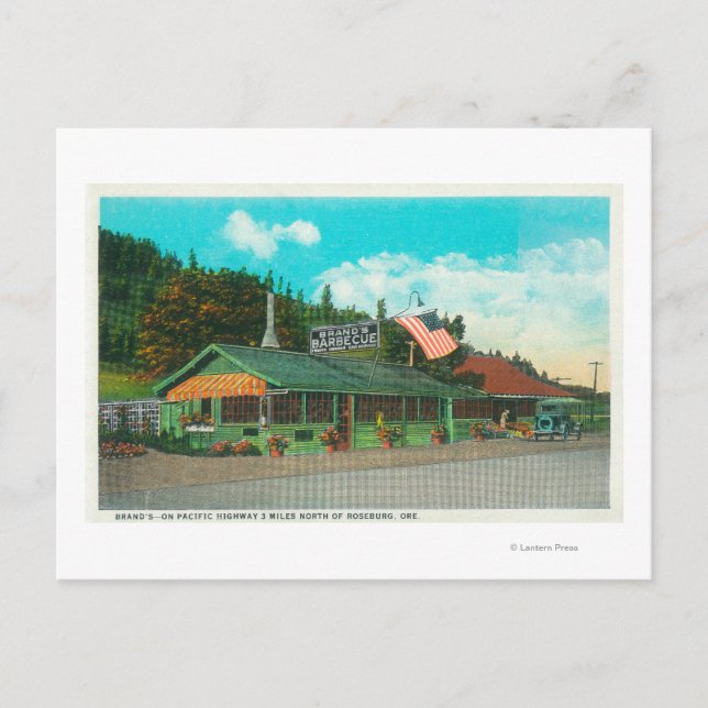 Exterior View of Brand's BBQ Restaurant Postcard (Front)