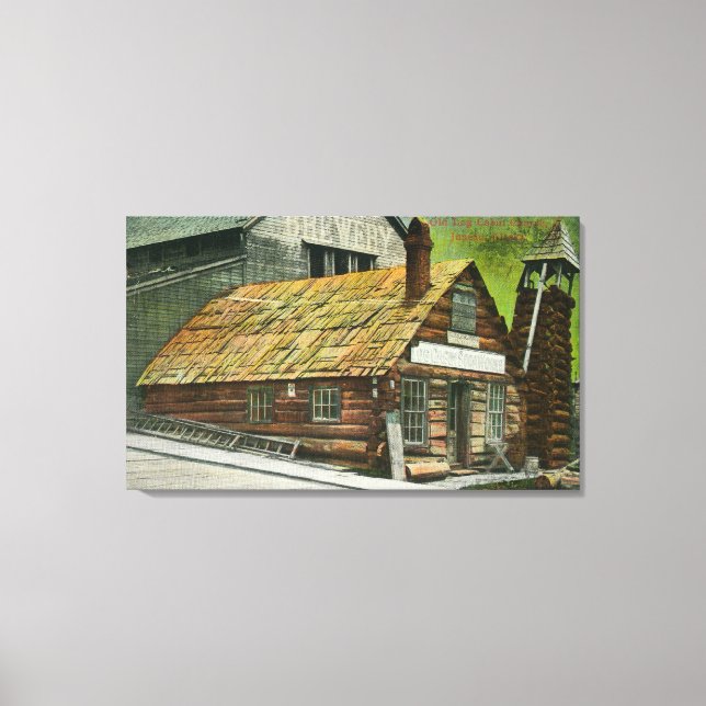 Exterior View of Log Cabin Soda Works, Church Canvas Print (Front)