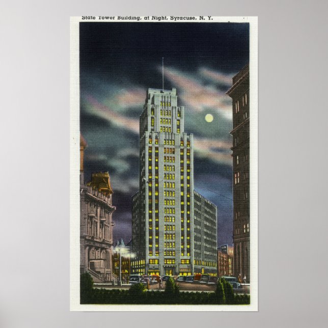 Exterior View of State Tower Building at Night Poster (Front)