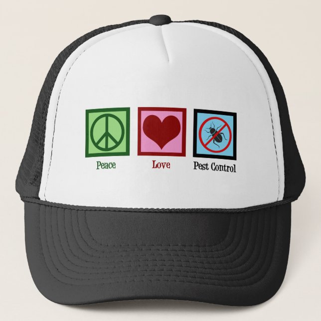Exterminator Peace Love Pest Control Company Trucker Hat (Front)