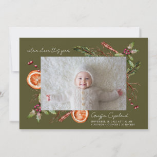 Extra Cheer Green Holiday Baby Photo Birth Announcement