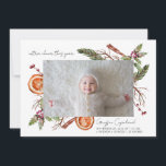 Extra Cheer Holiday Baby Photo Birth Announcement<br><div class="desc">Rustic and modern holiday birth announcement card with 2 photos of your newborn featuring watercolor illustration of winter botanicals including mistletoe,  pine tree branch,  berries,  orange,  etc.</div>