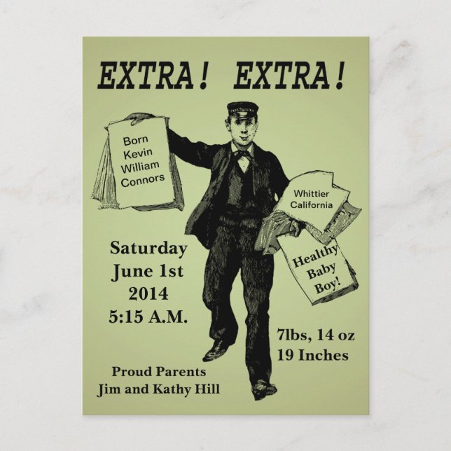 Extra! Extra! Vintage Newspaper Baby Annoucement Postcard (Front)