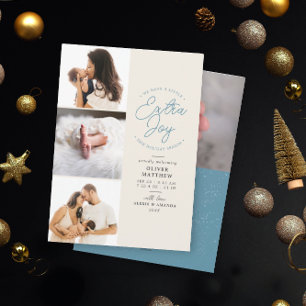 Extra Joy Photo Blue Holiday Birth Announcement