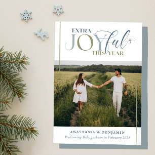 Extra Joyful Blue and Green Vintage Pregnancy Holiday Card