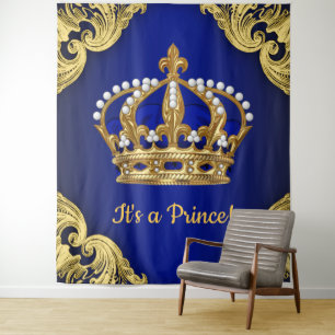 Extra Large Royal Blue Gold Prince Crown Backdrop Tapestry