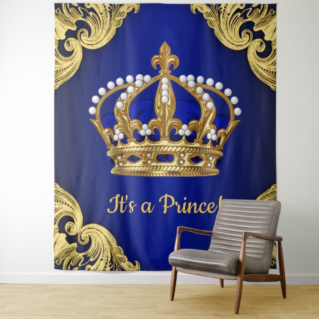Extra Large Royal Blue Gold Prince Crown Backdrop Tapestry (In Situ)