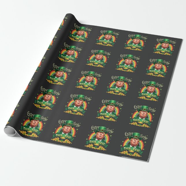 Extra Lucky This Year St Patrick Day Trump Leopard Wrapping Paper (Unrolled)