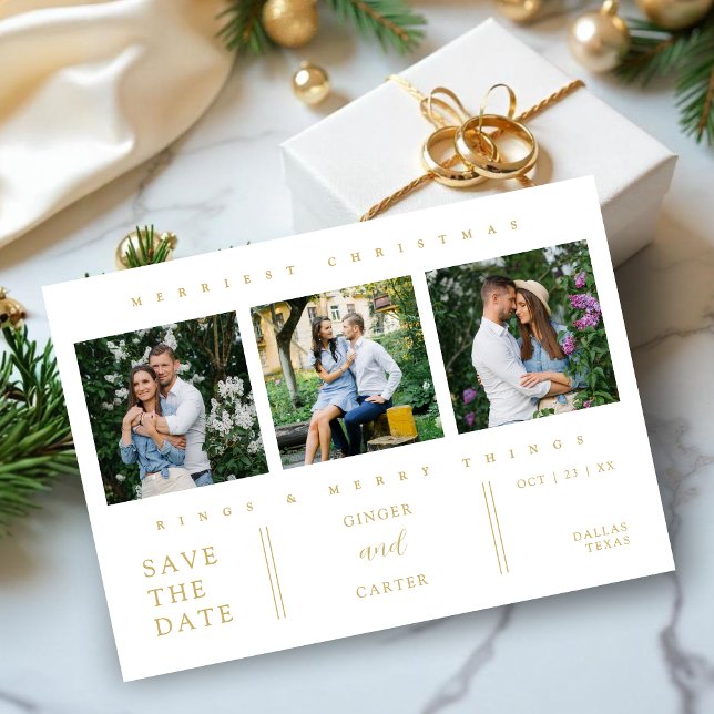 Extra Minimal Christmas Collage 3 Photos Wedding Save The Date (Extra Minimalist Christmas Collage 3 Photos Wedding in White & Faux Gold Save the Dates Cards.)